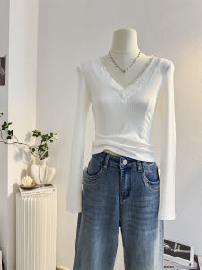 Ruffle Lace V-neck Long Sleeve Womens T-shirt Short Slim Fit Base Shirt Commute Style Korean Version Solid Color Autumn Top