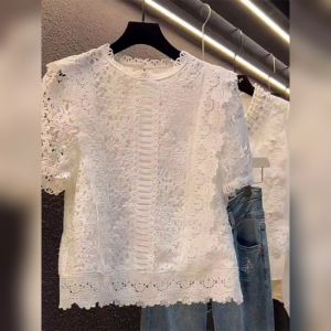 YUFUQING | French Style White Lace Trim Hook Hollow Out Womens Shirt Summer New Design High Quality Loose Fit High Waist Daily Wear Polyester Fiber Short Sleeve Round Neck