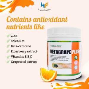 Essentially Yours Betagrape Plus Antioxidant Drink With Elderberry and Vitamin C. Supplement for General Health and Well Being. 500g powder 25 servings. Orange Flavour