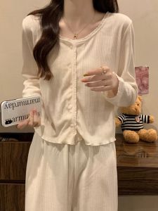 ชุดนอนผู้หญิงแขนยาวผ้าฝ้ายแท้ฤดูใบไม้ผลิและฤดูใบไม้ร่วงพร้อมแผ่นเสริมหน้าอก ชุดนอนผู้หญิงสีน้ำเงินอ่อน ชุดนอนผู้หญิง