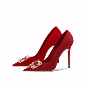 Red Chinese Style Wedding Shoes for Women 2024 New High Heels Comfortable Diamond Buckle Fashionable Elegant Sheepskin Interior