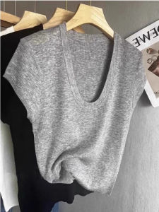 SHUQINGLAI | U-Neck Ice Silk Knit Blouse Short Sleeve T-Shirt Womens Summer Korean Style Slim Fit Short Top