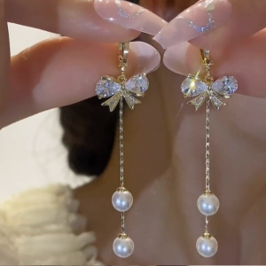 Elegant Long Crystal Butterfly Knot Tassel Womens Earrings Silver Needle Fashionable Versatile Minimalist Style Jewelry