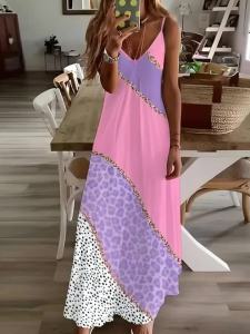Printed Design Four Seasons casual style Pink Purple Leopard White Dots V-neck sling dress
