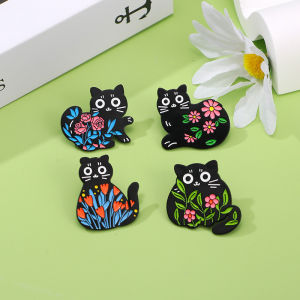 Cute Cartoon Black Cat Enamel Brooch Creative Animal Flower Plant Lapel Pin Badge Backpack Clothing Hat Accessories