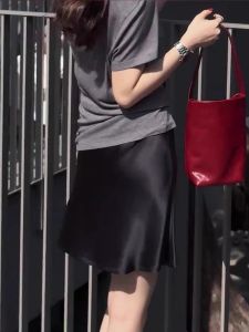 Elegant Black Silk Satin Mini Skirt Womens Summer Thin New Style Small Size Casual Slim High Waist A-Line Half-length Skirt