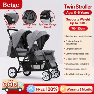 Beige Twin Stroller for Baby Girl Boy Foldable Lightweight Sit & Lie Stroller 50 KG 1-4 Yrs