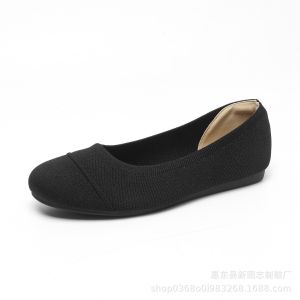 Women Round Toe Black Flat Shoes Woven Knitted Womens Single Shoes Solid Color Anti-slip Wear-resistant Fashion Womens Shoes Large Size Breathable [Y6