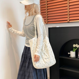 Summer Polka Dot Chiffon Womens Tote Bag Trendy Korean Style Large Capacity Canvas Single Shoulder Bag Casual Handbag