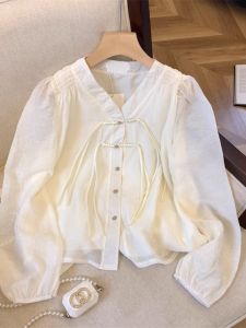 Áo Sơ Mi Chiffon Tay Dài Cổ Chữ V Cao Cấp Cho Nữ Đầu Thu Thiết Kế Tua Rua Mới Phong Cách Trung Hoa Cổ Truyền Nút Áo