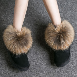 Womens Fox Fur Short Snow Boots Leather Low Top Inner Heightening Short Boots Sheepskin Lined Winter Fashion Boots UGQY