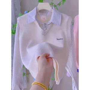 Áo Sơ Mi Dệt Kim Ngắn Nữ 2025 Xuân Thu Mẫu Mới Phong Cách Đại Học Kẻ Sọc Áo Vest Ghép Nối Đa Năng Áo Ngắn