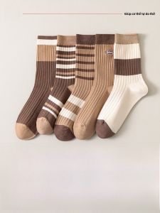 JINGCHI | Tất cotton dài đến bắp chân cho nữ mùa xuân thu chống mùi thấm mồ hôi đơn giản kẻ sọc tất dài đi biển quần cá mập