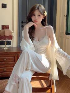 Bộ Đồ Ngủ Ren Vàng Dây Đeo Cho Nữ Mùa Xuân Thu Đông Ba Mảnh Gợi Cảm Có Đệm Ngực Pure Desire Style Váy Ngủ Dài Tay Cổ Chữ V