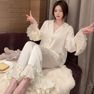 ชุดนอนผ้าไหมน้ำแข็งแขนยาวลายดอกไม้ฤดูใบไม้ผลิและฤดูใบไม้ร่วงสำหรับผู้หญิง ชุดนอนฤดูร้อน ชุดอยู่บ้าน ชุดนอนคอวี ชุดนอนผ้าไหมน้ำแข็ง