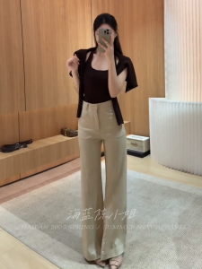 Quần Ống Rộng Cạp Cao Màu Kaki Phong Cách Hàn Quốc Giản Dị Cho Nữ Quần Dài Ống Rộng Cạp Cao Ôm Sát Cơ Thể Kéo Dài Chân Đa Năng