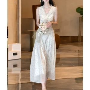 ZHENMANZI | Summer V-neck Sleeveless Polka Dots Dress French Style Vacation