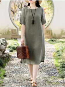 High-End Linen Short-Sleeve Dress Women Summer plus Size Modified Cheongsam Cotton Linen round Neck Mid-Length Skirt