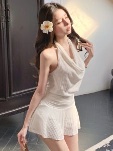 GUZILIAN | Pure Desire Style Womens Summer Slim Fit Halter Neck Strap Vest High Waist Mini Skirt Set Korean Style Commute Fashion