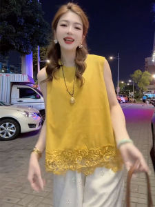 YUFUQING | Yellow Lace Round Neck Sleeveless Vest Womens Fashion Butterfly Knot Top Thin Summer New Style Versatile High-End Feel Shirt