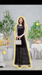 TW22464  Maxi dress ลูกไม้ซีทรูแขนกุด มีโบว์ผูกเอว ..
