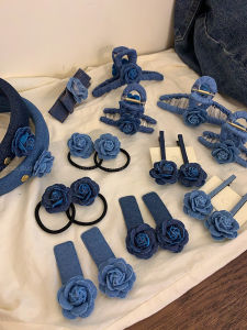 Original Denim Mountain Tea Flower Hair Clip Blue Rose ly Baked Sweet Style Non-Tessellated Fabric Hair Accessories for Women