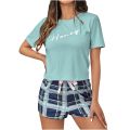 Bộ Đồ Ngủ Nữ 2 Mảnh Bộ Tay Ngắn In Chữ Áo Chui Đầu Có Dây Rút Quần Short Kẻ Sọc Áo Thun Loungewear PJs Hồng Xanh Xanh. 