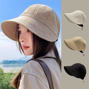 Solid Color Summer Sun Hat Foldable Wide Brim Bucket Hat Adjustable Outdoor Beach Panama Caps Ponytail Fisherman Women Cap