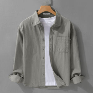 เสื้อเชิ้ตแขนยาวผู้ชาย Pure Cotton Casual Commute เสื้อเชิ้ตคอปกพับสีพื้นสไตล์เรียบง่ายสำหรับฤดูใบไม้ร่วง