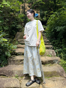 Váy Dài Đến Giữa Bắp Chân in Hoa Màu Xanh Nhạt Cạp Cao Cho Nữ Váy Chữ A Dáng Rộng Mùa Hè 2025 Chất Liệu Khác