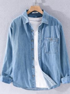 Washed Denim Spring Shirt Mens Long Sleeve Loose Casual Cotton Classic Style Youth Trendy Wear Resistant Thin Outerwear