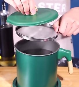 White Wood oil Strainer 1.4 Liter Stainless Steel Oil Pot Filter Oil Storage Oil Strainer Container