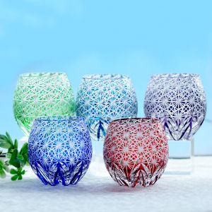 330 ml Handcrafts Curved Shape Bohemian Multi Colored Crystal Glass Cocktail Tumbler Edo Kiriko‘s Japanese Style Chrysanthemum Design In Gift Box