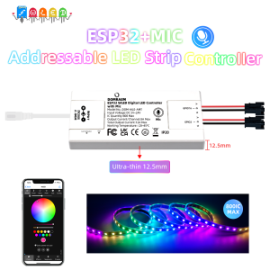 Domraem ESP32 WLED LED Controller Music Mic Ultra-Thin 2CH Supports WS281x/SK6812 Digital Strips Works with Home Assistant Alexa