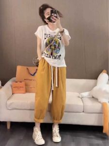 Fashionable Summer T-Shirt Set for Petite Women Casual Harlem Pants Two-Piece Set with Short Sleeves Nylon Crewneck Pullover