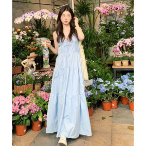 Váy Xanh Cổ Chữ V Kiểu Pháp Mới Mùa Hè 2023 Cho Nữ Váy Đi Biển Phong Cách Ngọt Ngào Hở Lưng Thắt Nơ Váy Dự Tiệc Mùa Hè