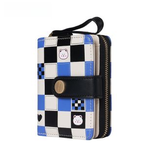 Cute Rabbit Ladies Wallet Foldable Handbag Cartoon Grid Pattern Short Style Zipper Closure PU Leather Youth Fashion Accessory