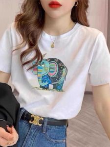 Brand Counter Leak-Picking Stylish Print Pure Cotton Short Sleeve T-Shirt Female European Goods Fashionable round Neck Half-Length Sleeve Versatile Tops