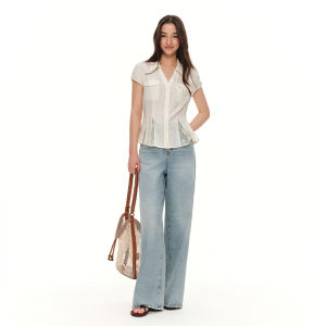 DUSHU | Bespoke Split Design White Peach Soda Breathable Stripe Lace Panel Blouse