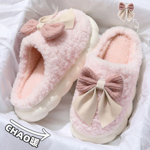 Dép Cotton Mùa Thu Đông Mới 2024 Cho Nữ Trong Nhà Có Nơ Thắt Lưng Chống Trượt Ấm Áp Có Lông Lót Cotton Cho Nữ