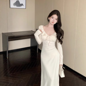 ชุดเดรสยาวทรงเข้ารูปคอวีแขนยาวถัก กระโปรงทรงเอ ชุดทำงานฤดูใบไม้ร่วง/ฤดูหนาว ชุดทำงานลำลองสำหรับผู้หญิง