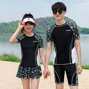 Luoke Couple Swimsuit Women with Belly Covering and Slimming Effect Oversized Mens Five Part Pants Swimsuit
