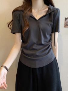 Áo Thun Nữ Tay Ngắn Có Mũ Trùm Đầu Thiết Kế Cỡ Lớn Mùa Hè 2024 Áo Thun Cotton Co Giãn Thường Ngày Màu Trơn Đơn Giản