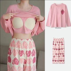 ชุดเสื้อผ้าสำหรับหญิงตั้งครรภ์ ชุดนอนแขนยาวขนาดใหญ่พร้อมแผ่นรองหน้าอกทรงหลวมใส่อยู่บ้านสำหรับฤดูใบไม้ผลิฤดูหนาว