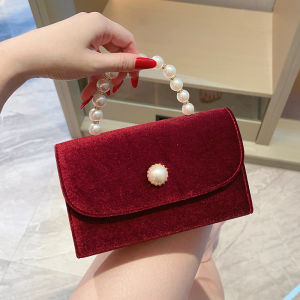 Retro Pearl Velvet Square Handbag Womens Evening Bag Single Shoulder Slant Cross Fashionable Womens Bag Luxury Clutch