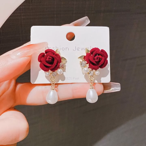 Beautiful Wine Pearl Red Rose Flower Ear Studs Accessory Women Girl New Year Jewelry Earring
