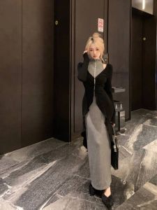 Black Knitted Hebe Style Long Dress Half High Collar Womens Cardigan Two-Piece Set Autumn Winter Chinese Style Dress