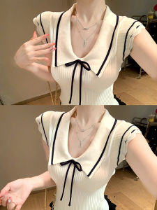PEIXI | Sweet Doll Collar Striped Knit Short Sleeve Slim Fit Campus Style Bow Top