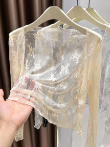 Lace Sun Protection Cardigan Women Summer with Sling Skirt Thin Veil Top V-neck Mesh Small Cannon Shoulder Shirt Korean Style Loose Fit Long Sleeve