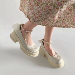 IELGY New Chinese Printed Platform Soles Womens Mary Jane Shoes Versatile Fashionable